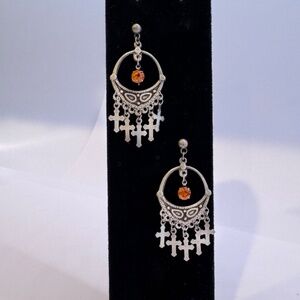 Sliver Cross Earrings with hanging Stone